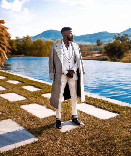 A Notch lapel, metallic silver smoking trench jacket