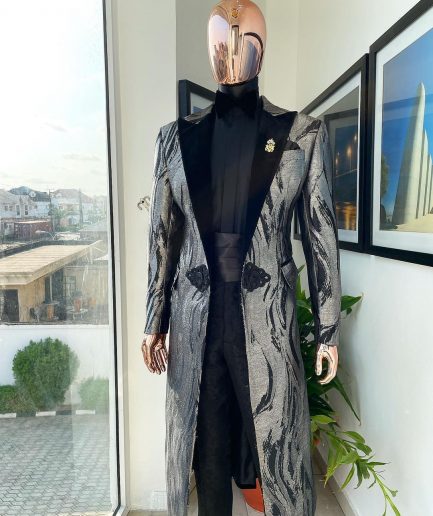 A “blade” trench metallic silver and black mix jacquard tuxedo peak lapel suit