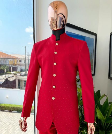 A Crimson red safari suit with matching Swarovski stones detailing