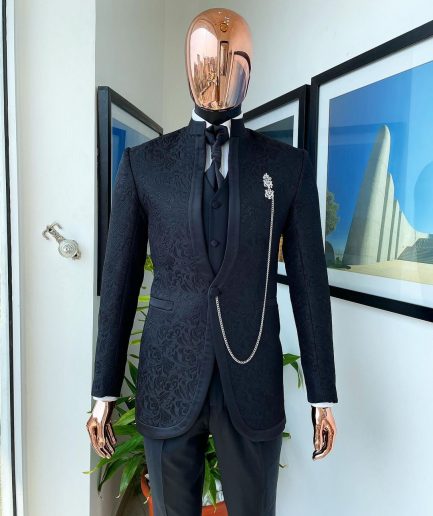 A Reloaded “Pope” monochrome charcoal black single button bishop neck suit