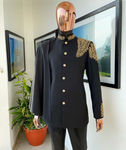 A Charcoal Black, Hand “Ide” Gold Metal Wire Embrodery, Right Hand Sache Safari Suit