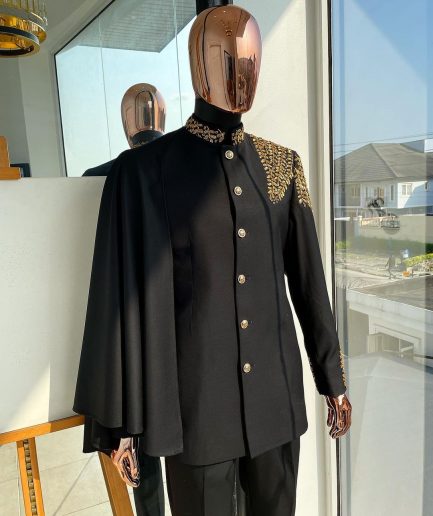 A Charcoal Black, Hand “Ide” Gold Metal Wire Embrodery, Right Hand Sache Safari Suit