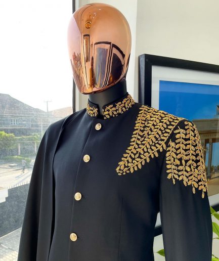 A Charcoal Black, Hand “Ide” Gold Metal Wire Embrodery, Right Hand Sache Safari Suit