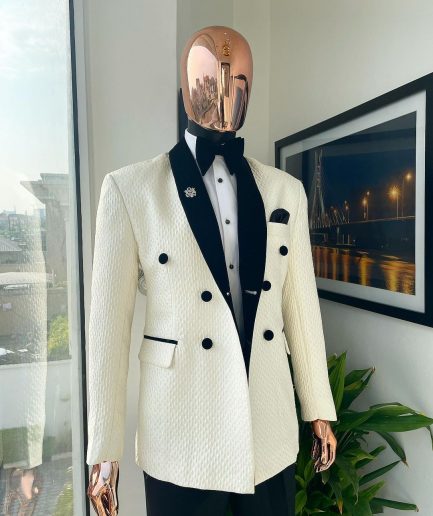 A Circle Pattern, Double-Breasted, Soaked Italian Velvet Detailing Lapel Tuxedo Suit