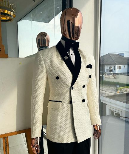 A Circle Pattern, Double-Breasted, Soaked Italian Velvet Detailing Lapel Tuxedo Suit