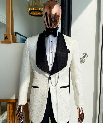 An Ivory White, Black Lapel Floral Pattern Shawl Lapel Tuxedo Suit