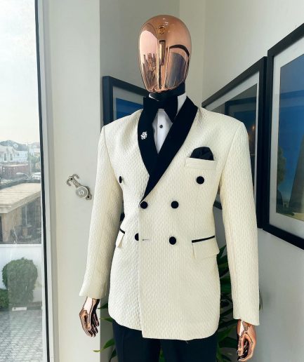A Circle Pattern, Double-Breasted, Soaked Italian Velvet Detailing Lapel Tuxedo Suit