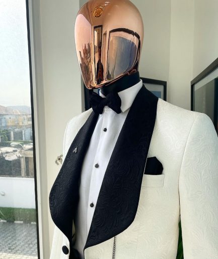 An Ivory White, Black Lapel Floral Pattern Shawl Lapel Tuxedo Suit