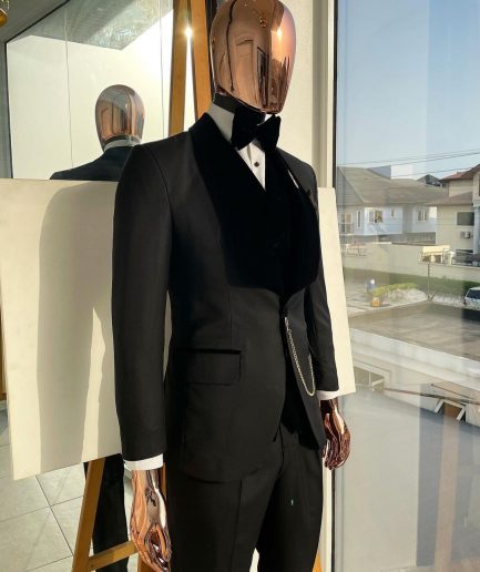 A Charcoal Black velvet shawl lapel Tuxedo suit