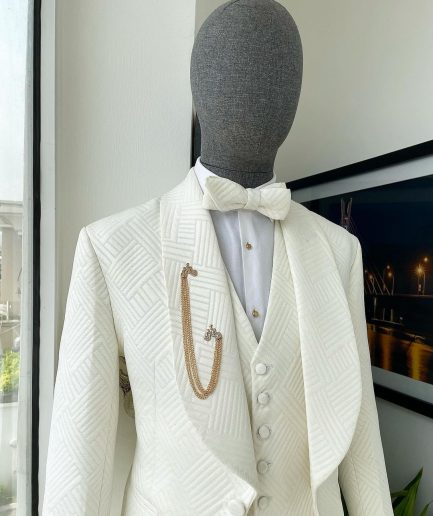 An ivory white, shawl lapel, “maze” line intersection Japanese patterned jacquard suit