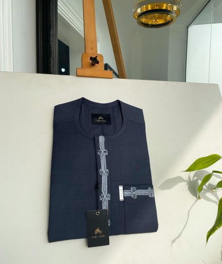 A Steel blue Senator kaftan with thick feathers front flap pocket embroidery detailing african traditional native.