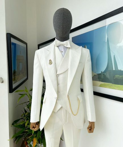An Ivory white, Peak Lapel, Seamless Geometric Patterns Jacquard Suit