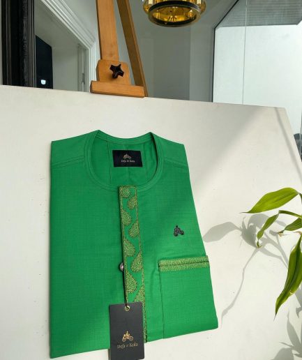 A Kelly green, wavy (plum) light front flap and pocket embroidery detailing African traditional senator kaftan native.