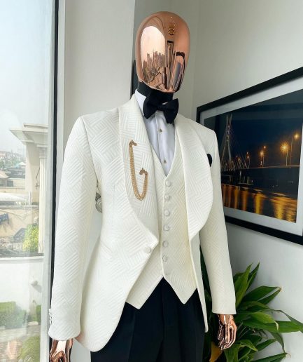 An Ivory White, Shawl Lapel “Maze” Line Intersection Japanese Patterned Jacquard Suit