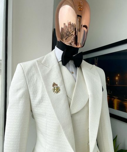 An Ivory White, Peak Lapel Seamless Geometric Patterns Jacquard Suit