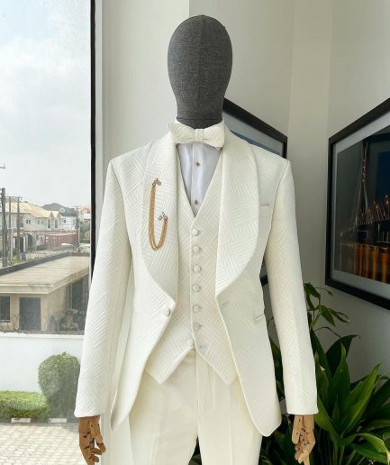 An ivory white, shawl lapel, “maze” line intersection Japanese patterned jacquard suit