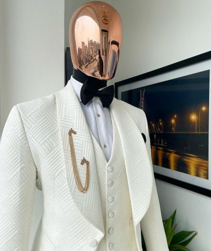 An Ivory White, Shawl Lapel “Maze” Line Intersection Japanese Patterned Jacquard Suit