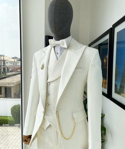 An Ivory white, Peak Lapel, Seamless Geometric Patterns Jacquard Suit