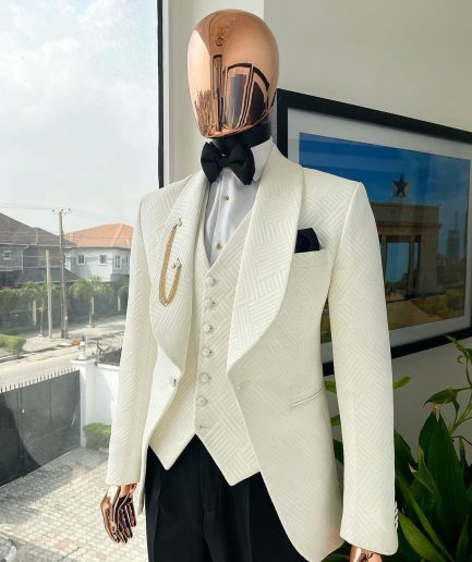 An Ivory White, Shawl Lapel “Maze” Line Intersection Japanese Patterned Jacquard Suit