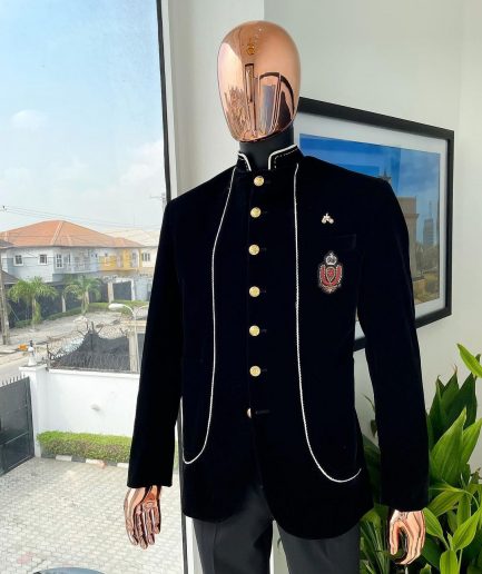 A charcoal black Soaked Italian velvet, long sleeve with woven white tread taping safari suit