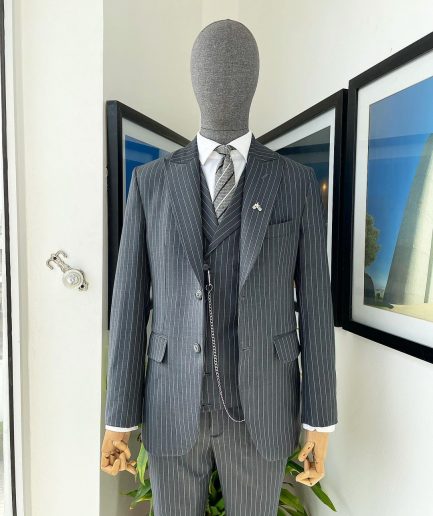 A Grey pencil stripe peak lapel suit, double-breasted notch lapel suit
