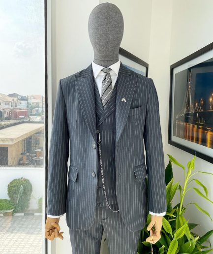 A Grey pencil stripe peak lapel suit, double-breasted notch lapel suit