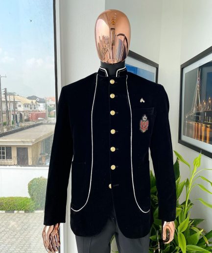 A charcoal black Soaked Italian velvet, long sleeve with woven white tread taping safari suit