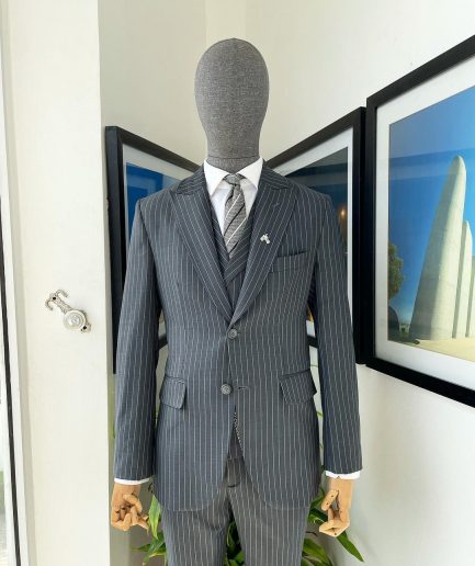 A Grey pencil stripe peak lapel suit, double-breasted notch lapel suit