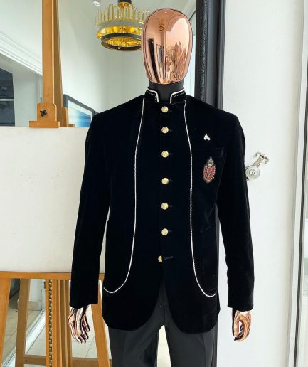 A charcoal black Soaked Italian velvet, long sleeve with woven white tread taping safari suit
