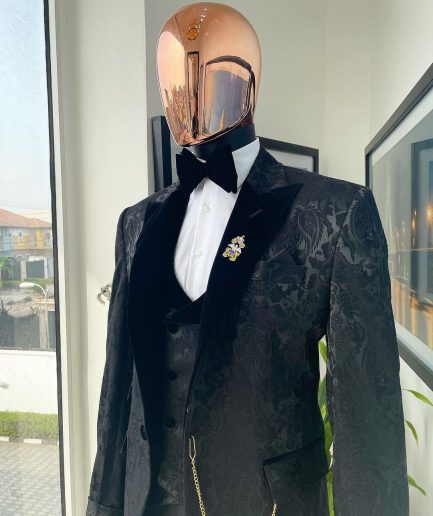 A Charcoal black, mandarin floral pattern with gold detailing metallic Jacquard velvet peak lapel tuxedo suit