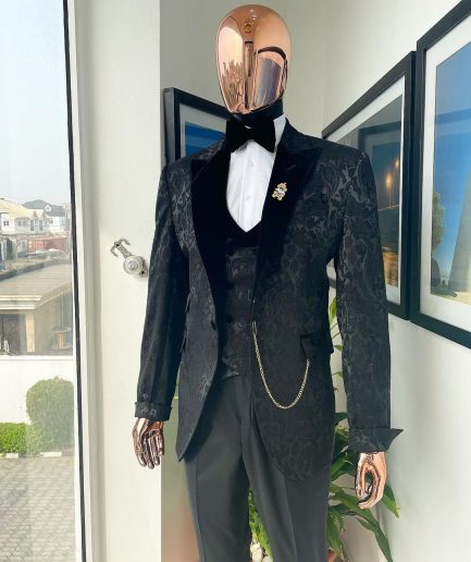 A Charcoal black, mandarin floral pattern with gold detailing metallic Jacquard velvet peak lapel tuxedo suit