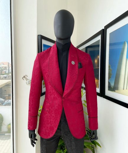 A Crimson Red, Floral Pattern Shawl Lapel Tuxedo Suit