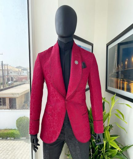 A Crimson Red, Floral Pattern Shawl Lapel Tuxedo Suit