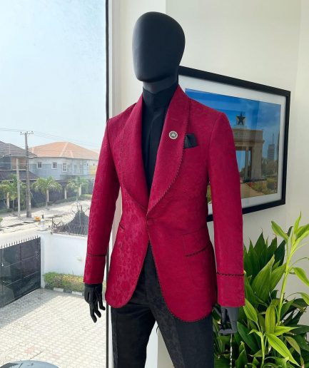 A Crimson Red, Floral Pattern Shawl Lapel Tuxedo Suit