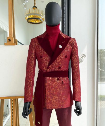 A Double Breasted, Splash of Barn Red and Gold, Dispersed Pattern Soaked Velvet Peak Lapel “Smoking” Tuxedo Suit.