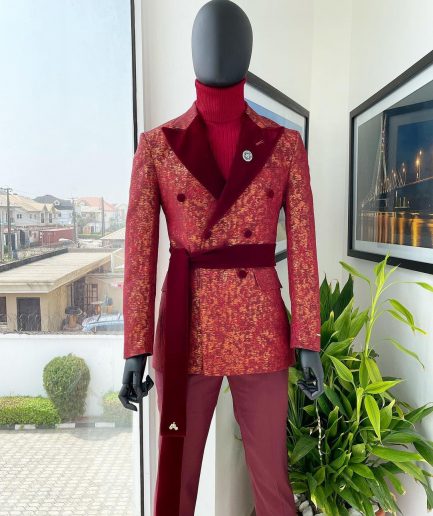 A Double Breasted, Splash of Barn Red and Gold, Dispersed Pattern Soaked Velvet Peak Lapel “Smoking” Tuxedo Suit.