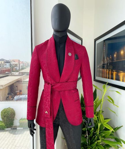 A Crimson Red, Floral Pattern Shawl Lapel “Smoking” Tuxedo Suit