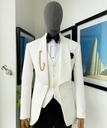 An Ivory White, Shawl Lapel, Plunged Square Patterned Jacquard Suit