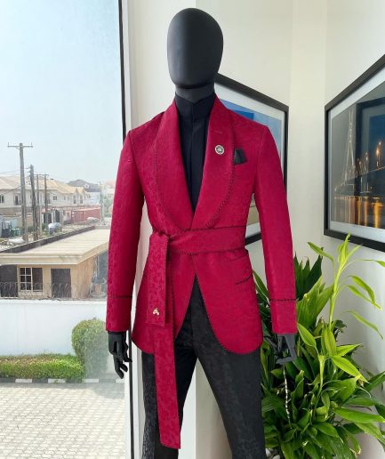 A Crimson Red, Floral Pattern Shawl Lapel “Smoking” Tuxedo Suit