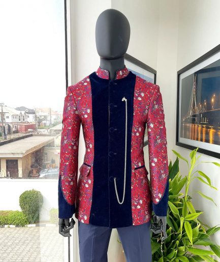 A Royal Navy blue, white and red splashed Mandarin Jacquard safari tuxedo royal suit