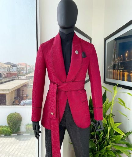 A Crimson Red, Floral Pattern Shawl Lapel “Smoking” Tuxedo Suit