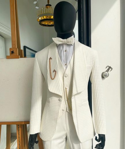 An Ivory White, Shawl Lapel, Plunged Square Patterned Jacquard Suit