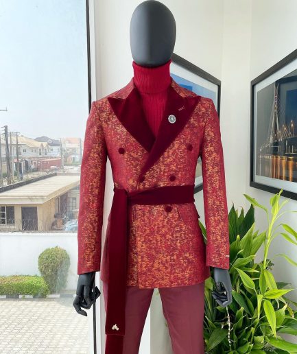 A Double Breasted, Splash of Barn Red and Gold, Dispersed Pattern Soaked Velvet Peak Lapel “Smoking” Tuxedo Suit.
