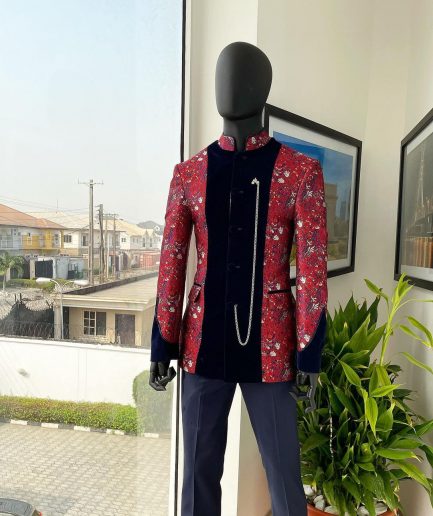 A Royal Navy blue, white and red splashed Mandarin Jacquard safari tuxedo royal suit