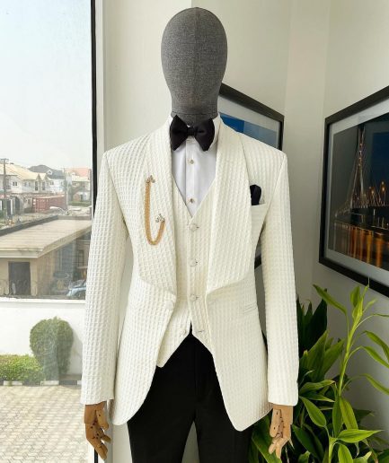 An Ivory White, Shawl Lapel, Plunged Square Patterned Jacquard Suit
