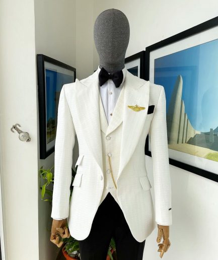 An Ivory White, Peak Lapel, Infinity Line And Square Patterned Jacquard Suit