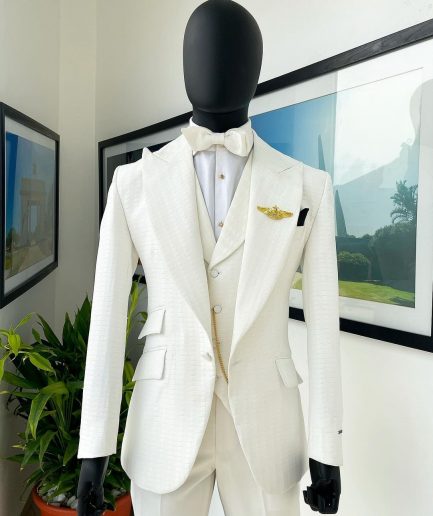 An Ivory White, Peak Lapel, Infinity Line And Square Patterned Jacquard Suit