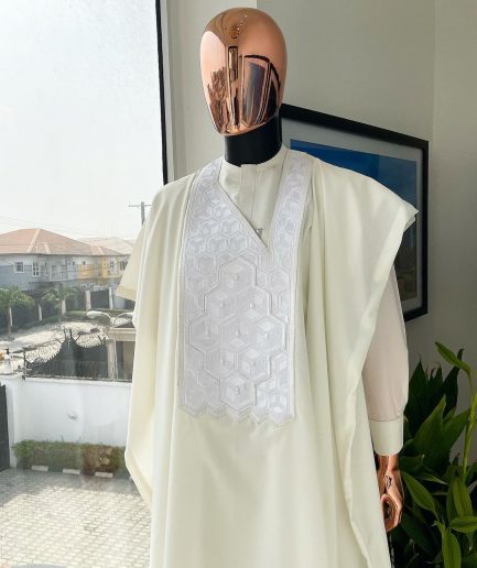 An Ivory white precision 3D imagery embroidery agbada