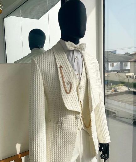 An Ivory White, Shawl Lapel, Plunged Square Patterned Jacquard Suit