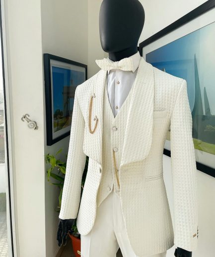 An Ivory White, Shawl Lapel, Plunged Square Patterned Jacquard Suit